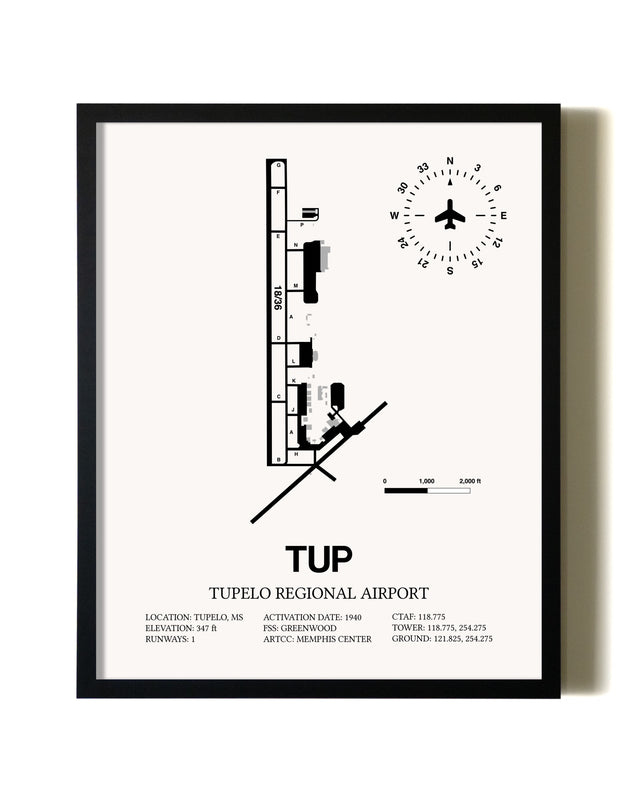 Framed Tupelo Regional Airport wall art poster in black frame
