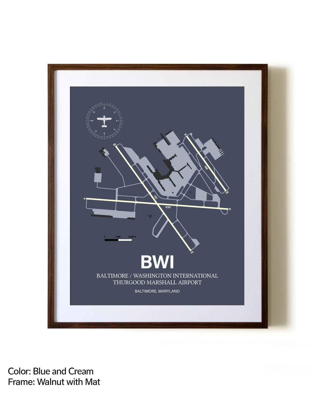 Baltimore/Washington International Thurgood Marshall Airport aviation print in walnut frame with mat
