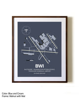 Baltimore/Washington International Thurgood Marshall Airport aviation print in walnut frame with mat