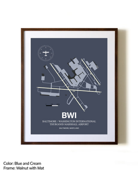 Baltimore/Washington International Thurgood Marshall Airport aviation print in walnut frame with mat