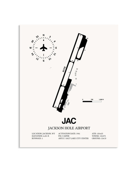 Gray Jackson Hole Airport framed poster displayed in an airplane hangar