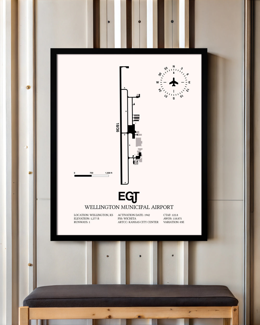 Wellington Municipal Airport framed poster displayed in an airplane hangar