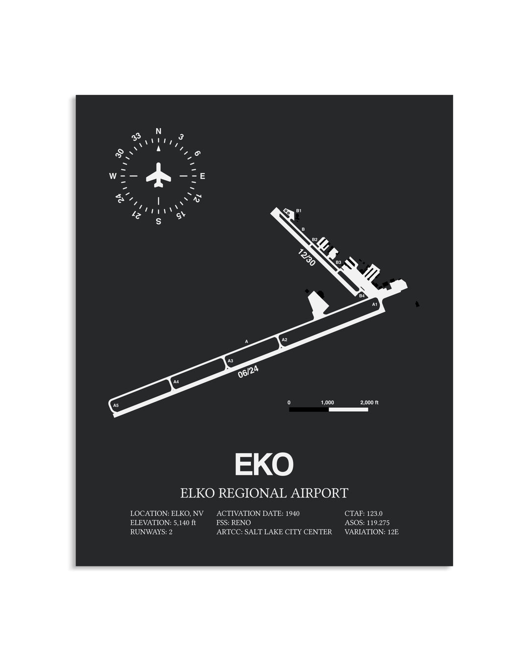 Gray Framed Elko Regional Airport layout wall art poster