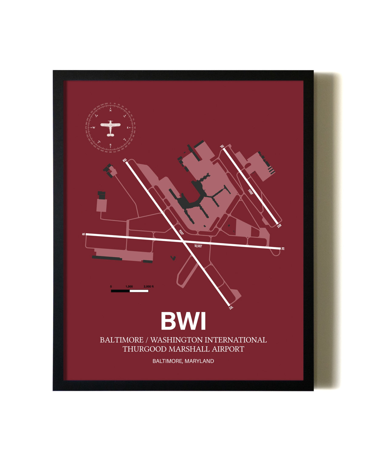 Red Framed Baltimore/Washington International Thurgood Marshall Airport wall art poster in black frame