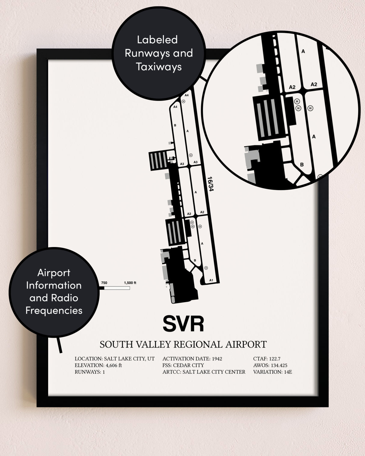 Framed South Valley Regional Airport layout wall art poster