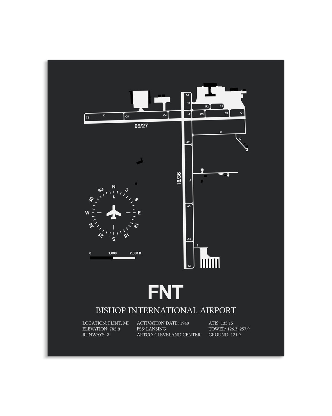 Gray Framed Bishop International Airport layout wall art poster