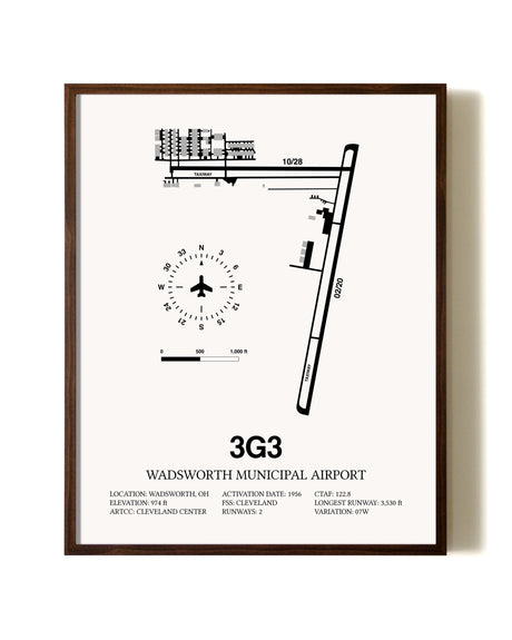 Wadsworth Municipal Airport aviation print in walnut frame