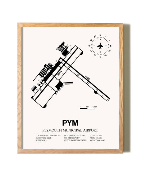 Plymouth Municipal Airport framed print in natural wood frame