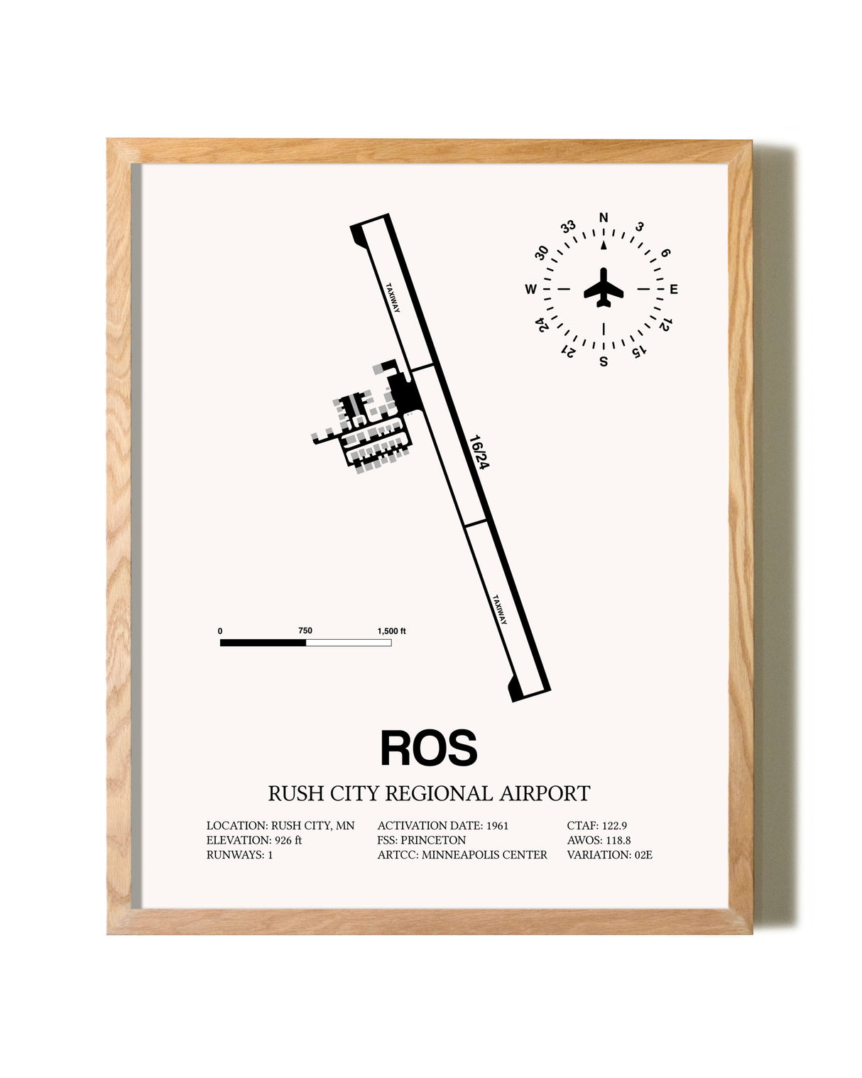 Rush City Regional Airport framed print in natural wood frame