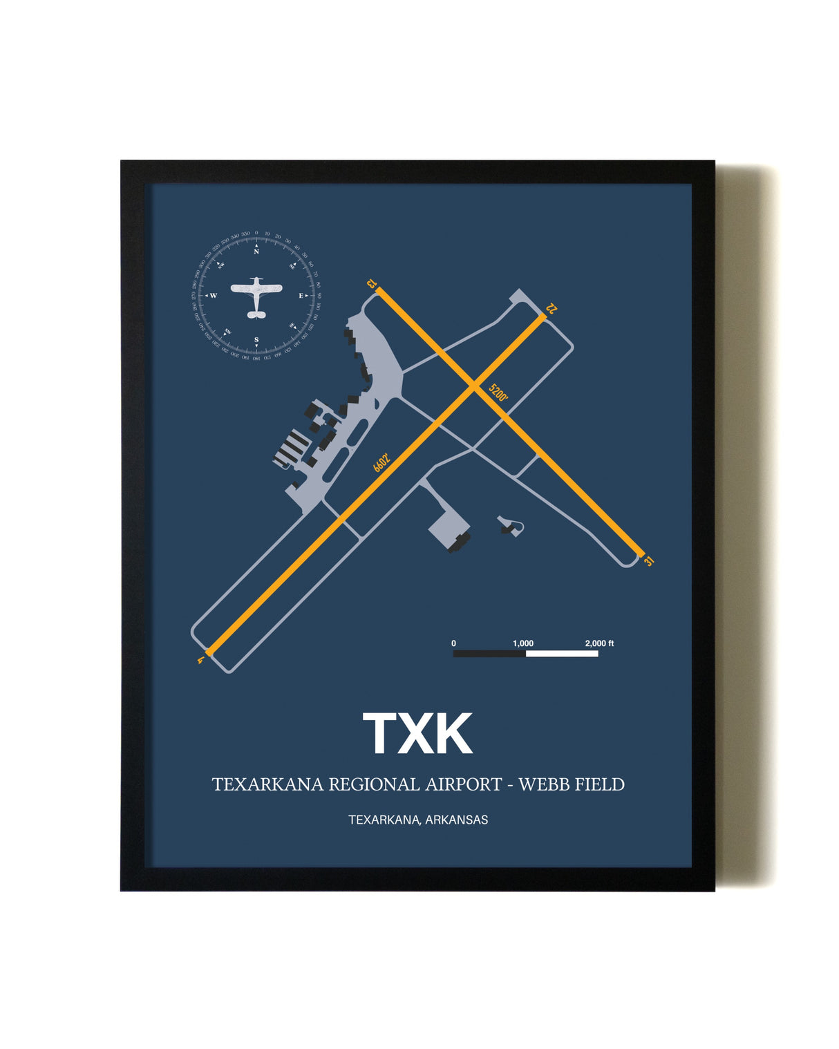Blue and Yellow Framed Texarkana Regional Airport - Webb Field wall art poster in black frame