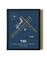 Blue and Yellow Framed Texarkana Regional Airport - Webb Field wall art poster in black frame
