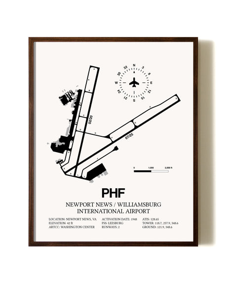 Newport News / Williamsburg International Airport aviation print in walnut frame