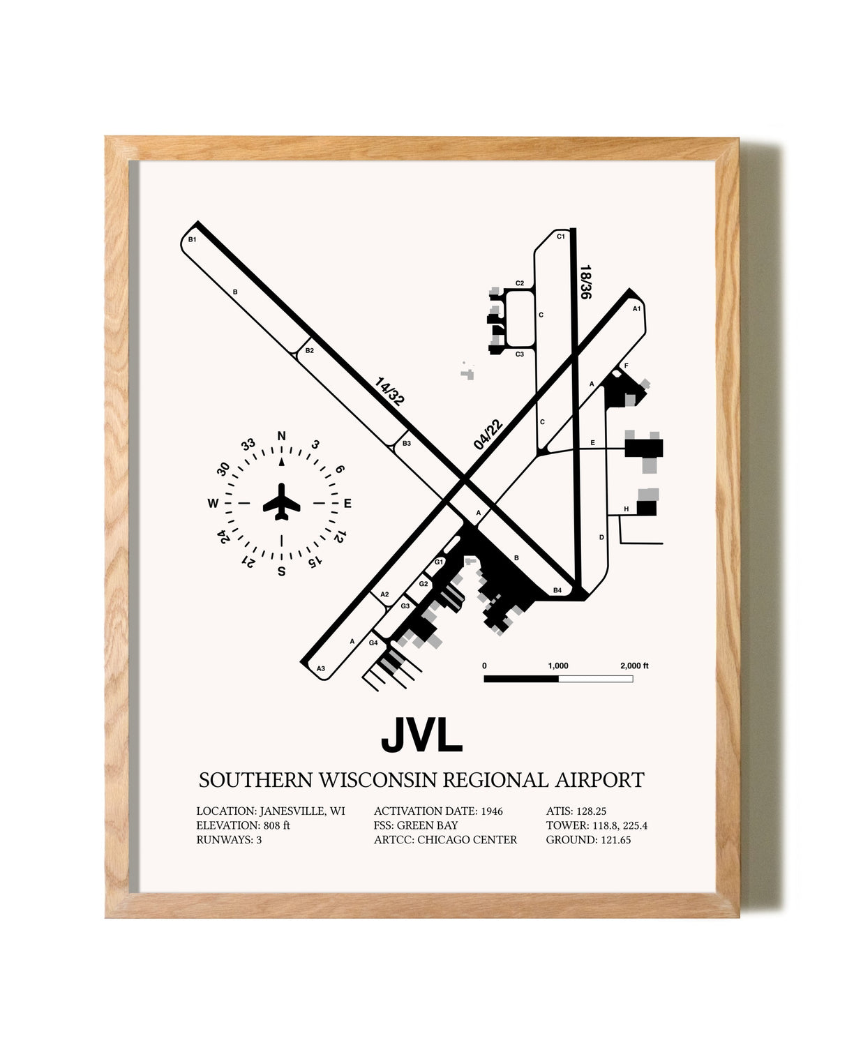 Southern Wisconsin Regional Airport framed print in natural wood frame