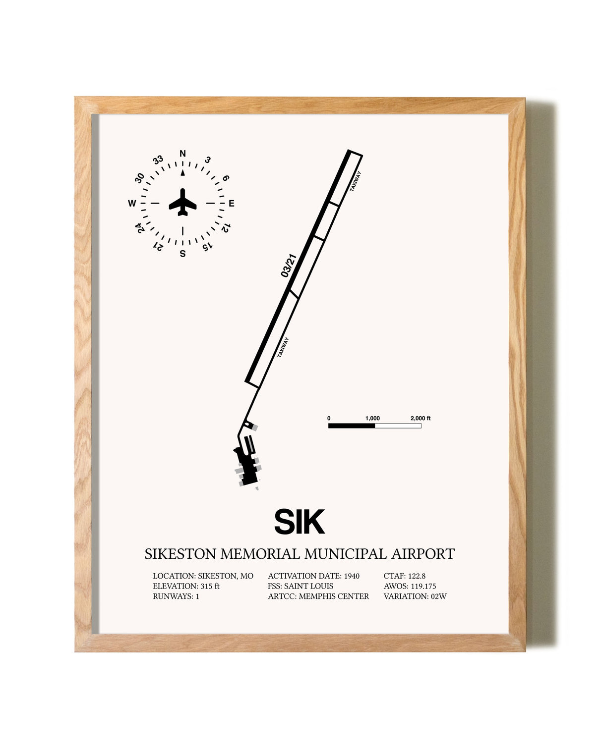 Sikeston Memorial Municipal Airport framed print in natural wood frame