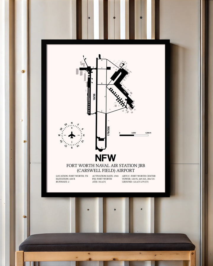Fort Worth Naval Air Station JRB (Carswell Field) Airport framed poster displayed in an airplane hangar