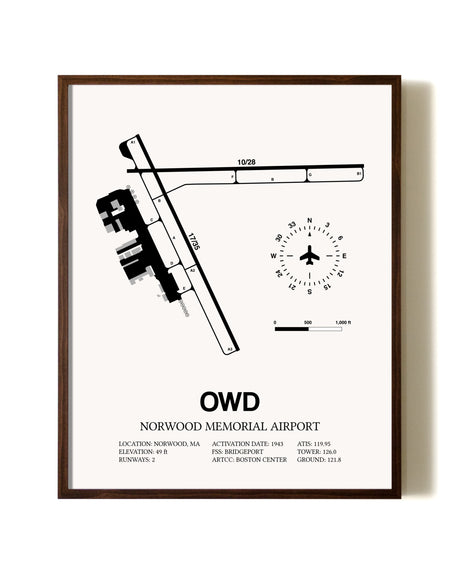 Norwood Memorial Airport aviation print in walnut frame