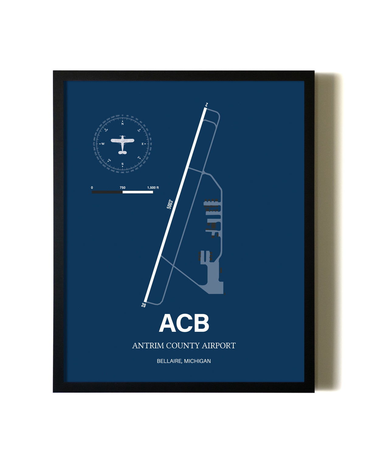 Aviation Blue Framed Antrim County Airport layout wall art poster