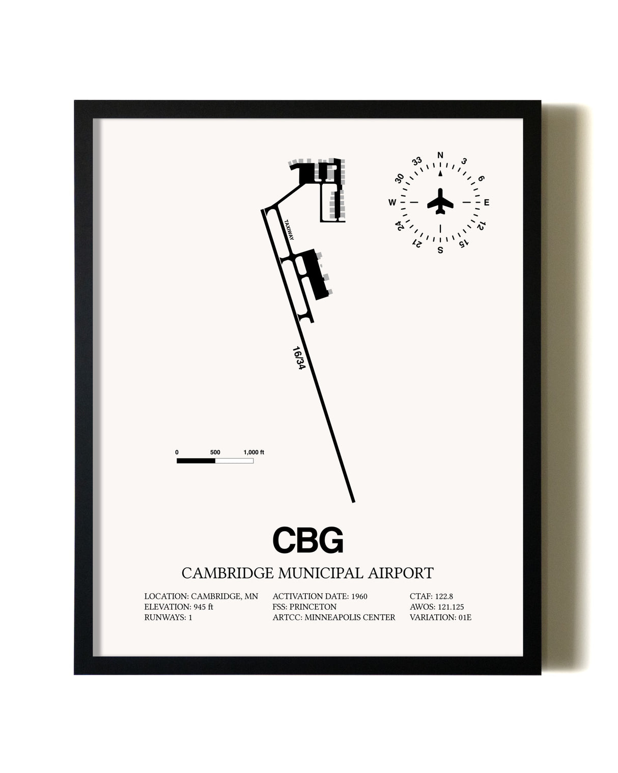 Framed Cambridge Municipal Airport wall art poster in black frame