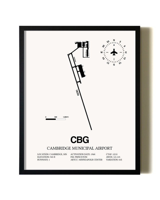 Framed Cambridge Municipal Airport wall art poster in black frame