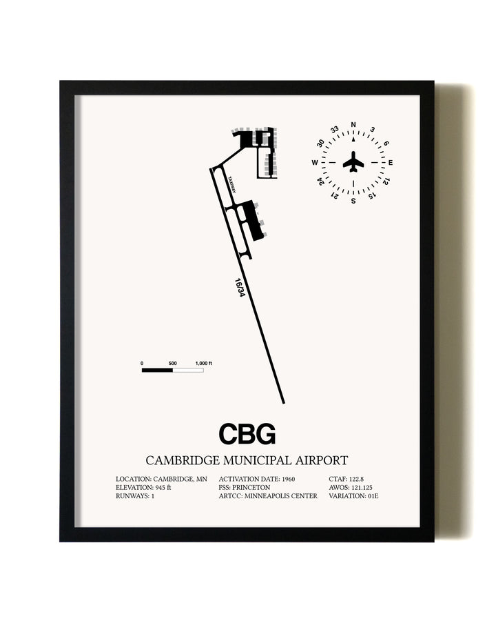 Framed Cambridge Municipal Airport wall art poster in black frame