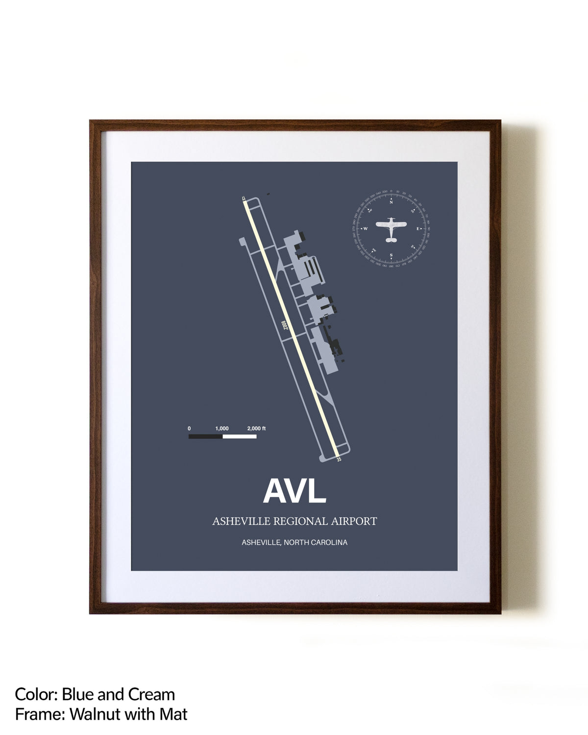 Asheville Regional Airport aviation print in walnut frame with mat
