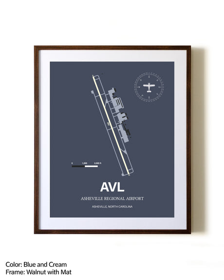 Asheville Regional Airport aviation print in walnut frame with mat