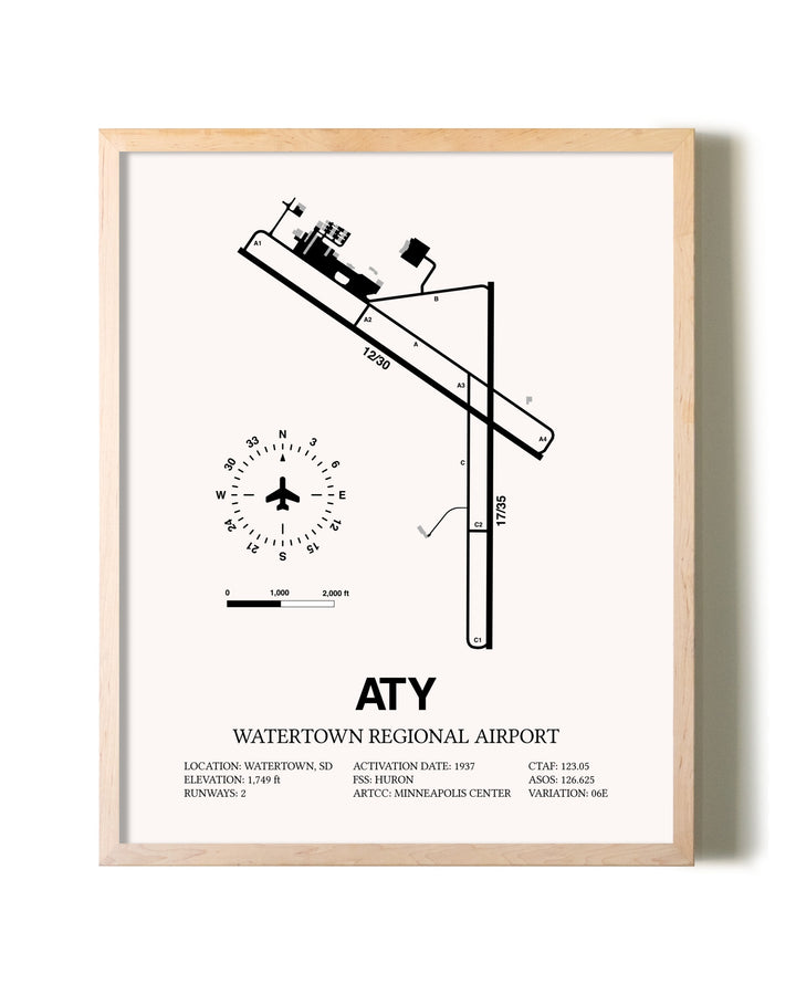 Watertown Regional Airport framed wall art in white frame