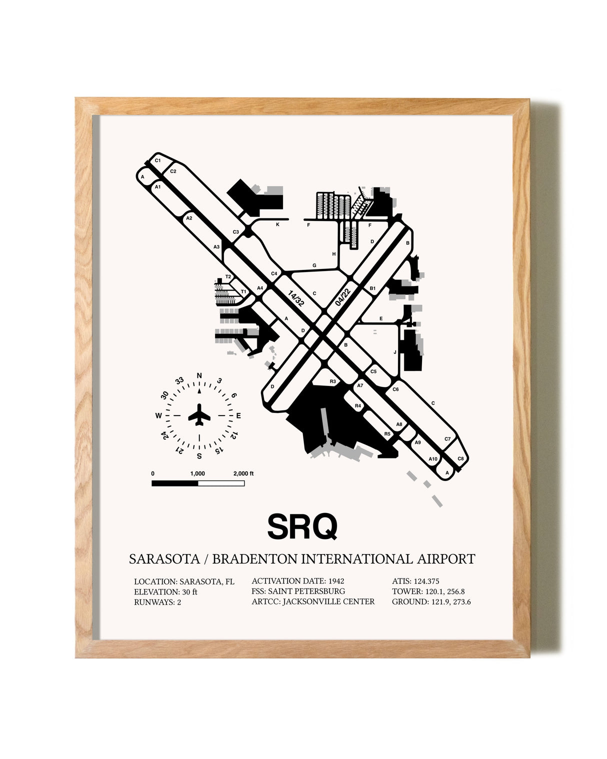 Sarasota / Bradenton International Airport framed print in natural wood frame