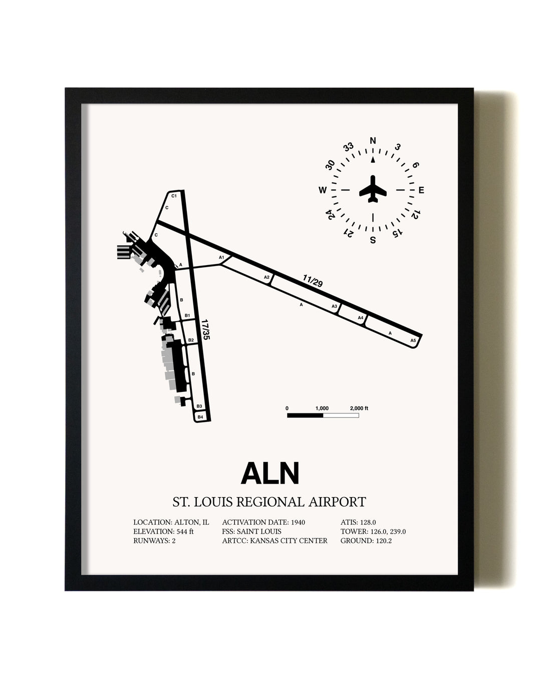 Framed St. Louis Regional Airport wall art poster in black frame