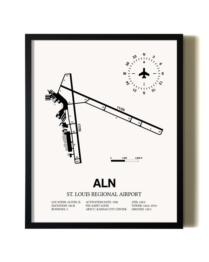 Framed St. Louis Regional Airport wall art poster in black frame