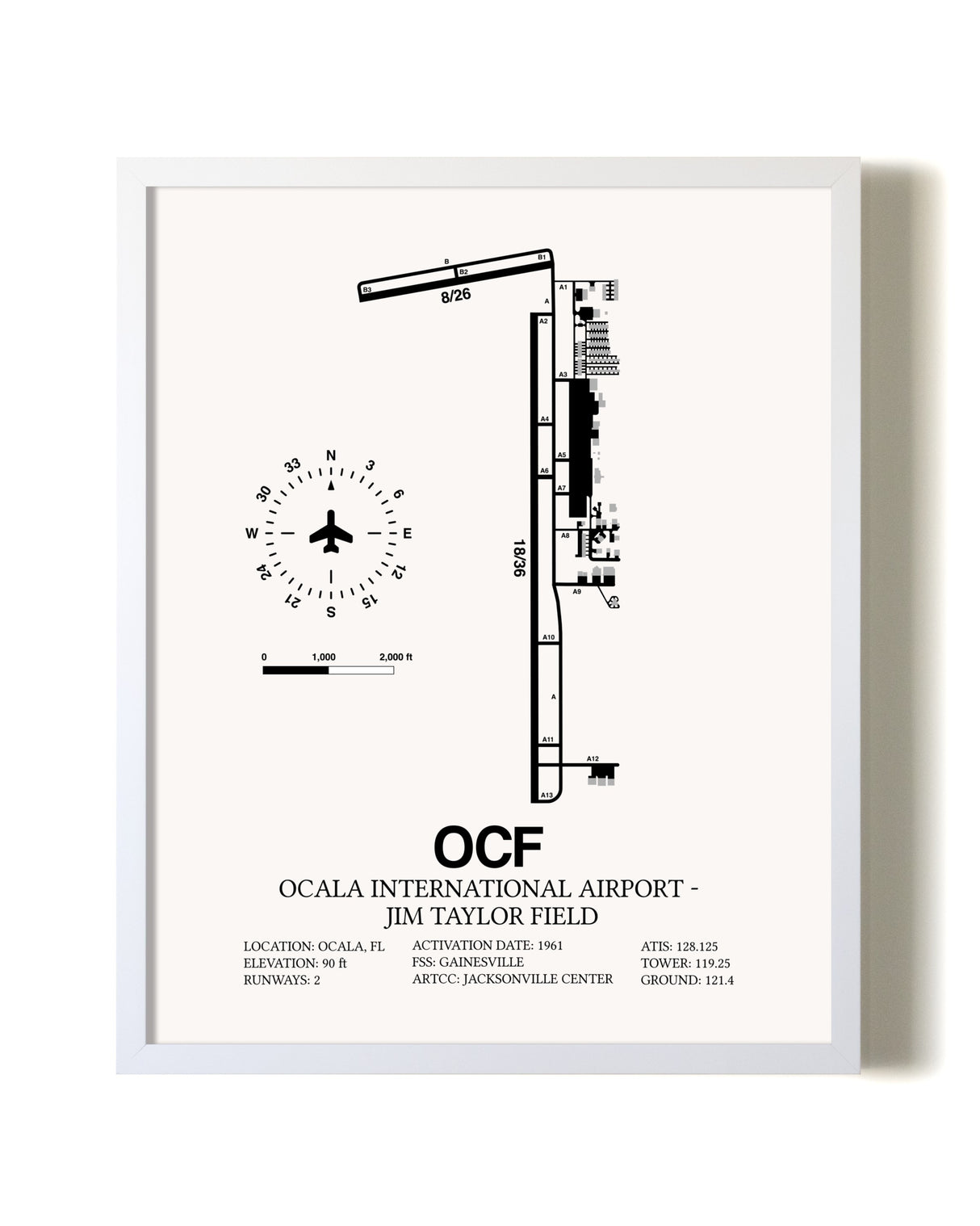 Ocala International Airport-Jim Taylor Field airport map poster in oak frame