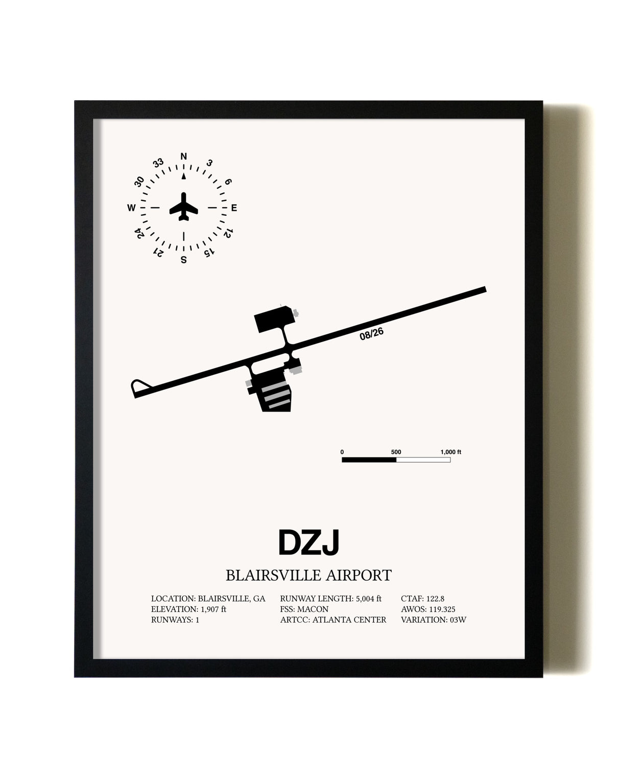 Framed Blairsville Airport wall art poster in black frame