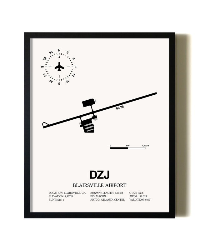 Framed Blairsville Airport wall art poster in black frame