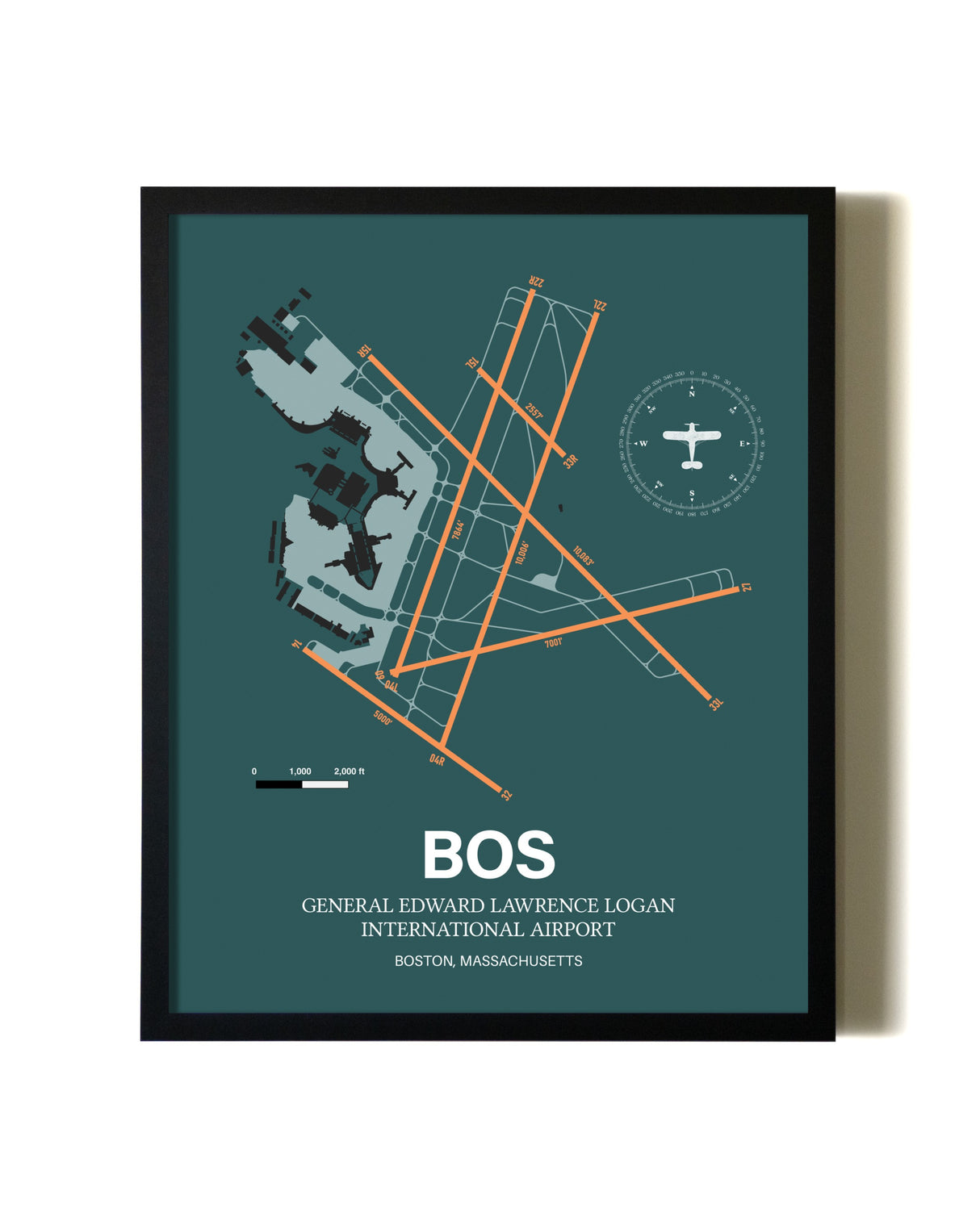 Green Boston Logan International Airport aviation wall décor in black wood frame