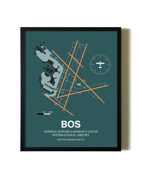 Green Boston Logan International Airport aviation wall décor in black wood frame