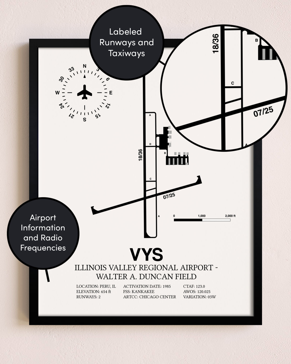Framed Illinois Valley Regional Airport-Walter A. Duncan Field layout wall art poster