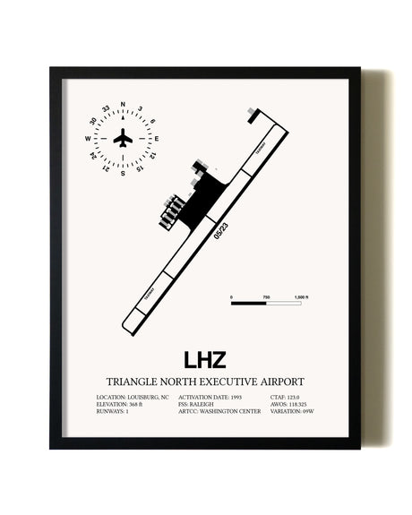 Framed Triangle North Executive Airport wall art poster in black frame