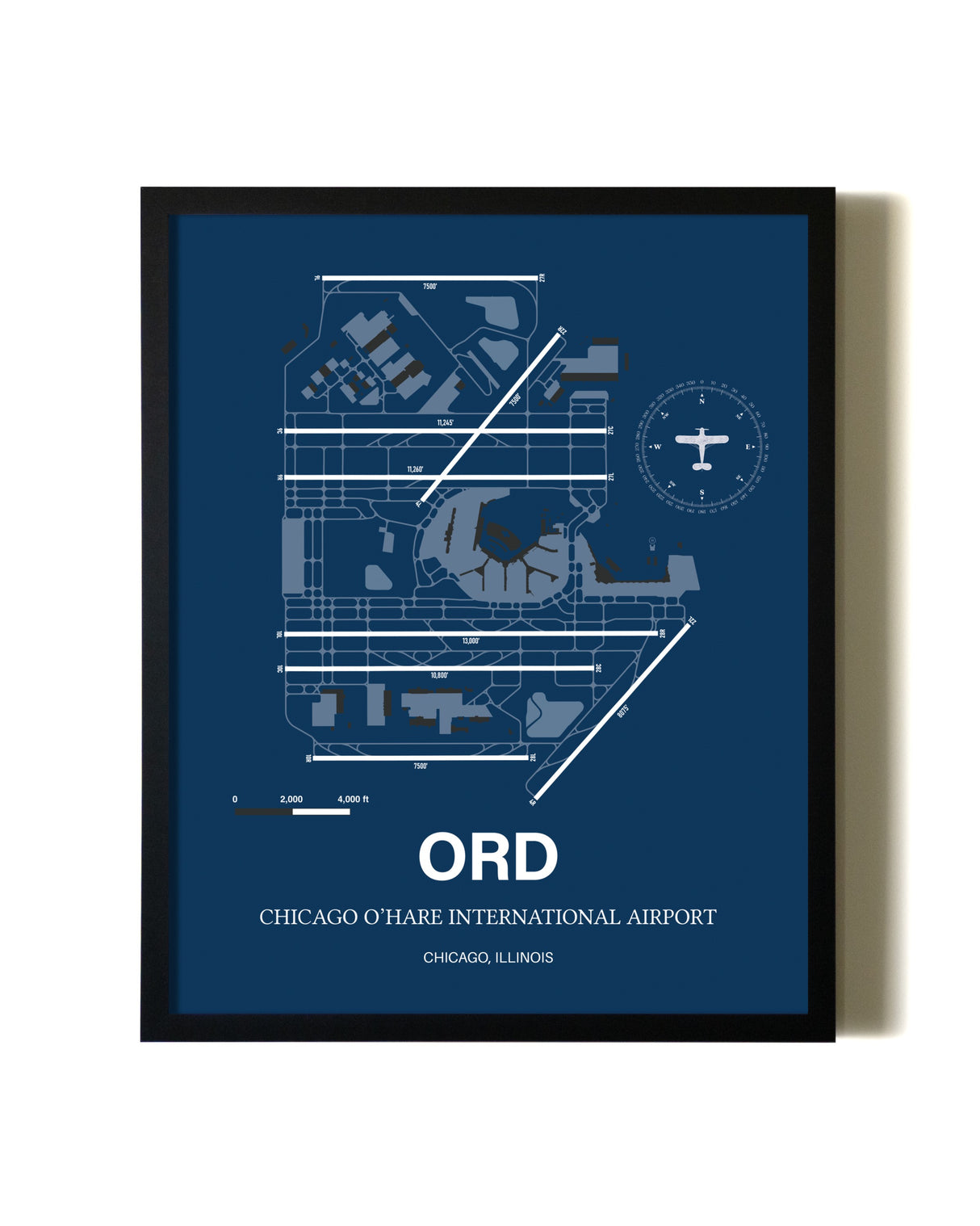 Aviation Blue Framed Chicago O'Hare International Airport layout wall art poster