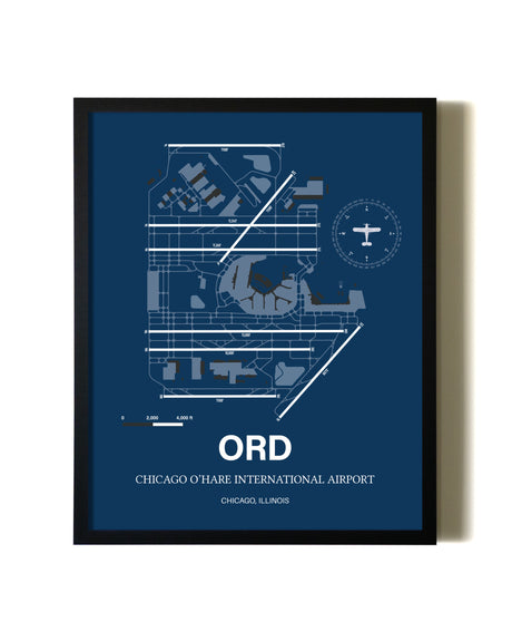 Aviation Blue Framed Chicago O'Hare International Airport layout wall art poster