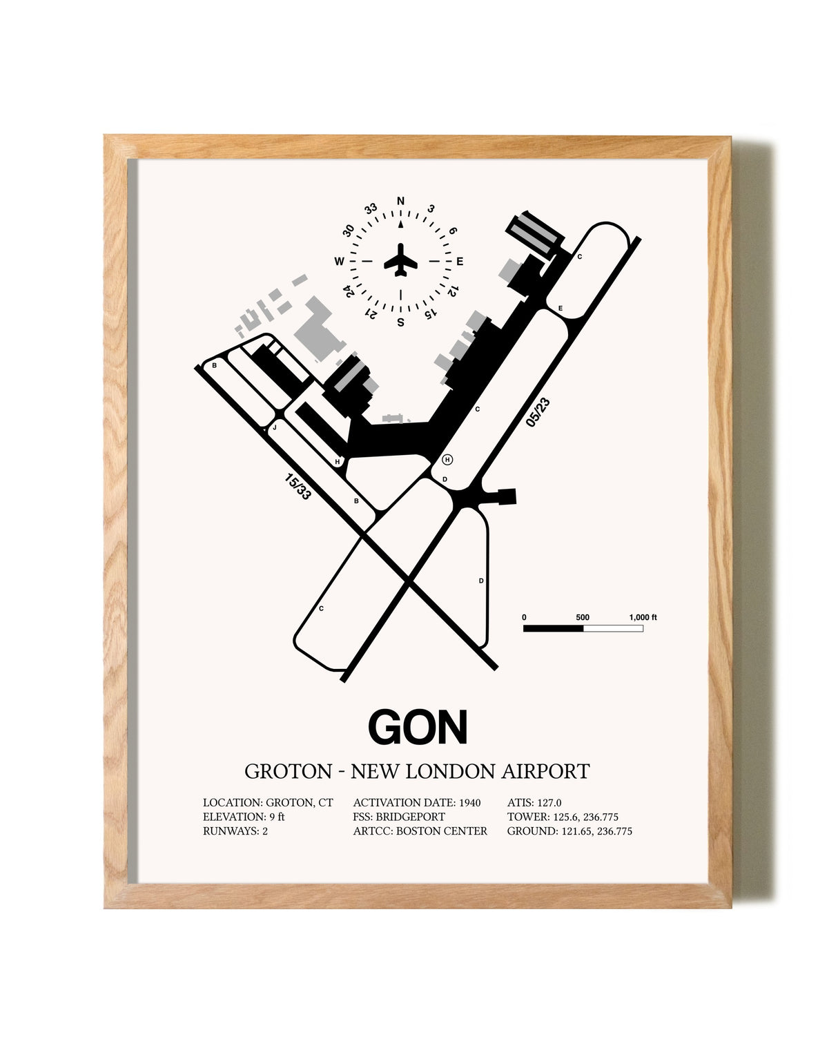 Groton-New London Airport framed print in natural wood frame