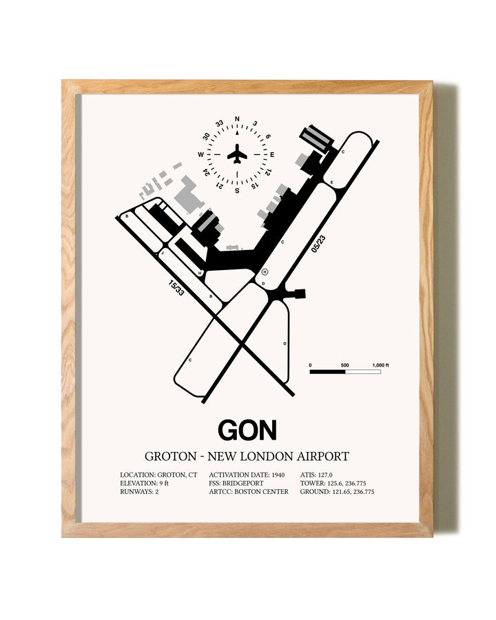 Groton-New London Airport framed print in natural wood frame