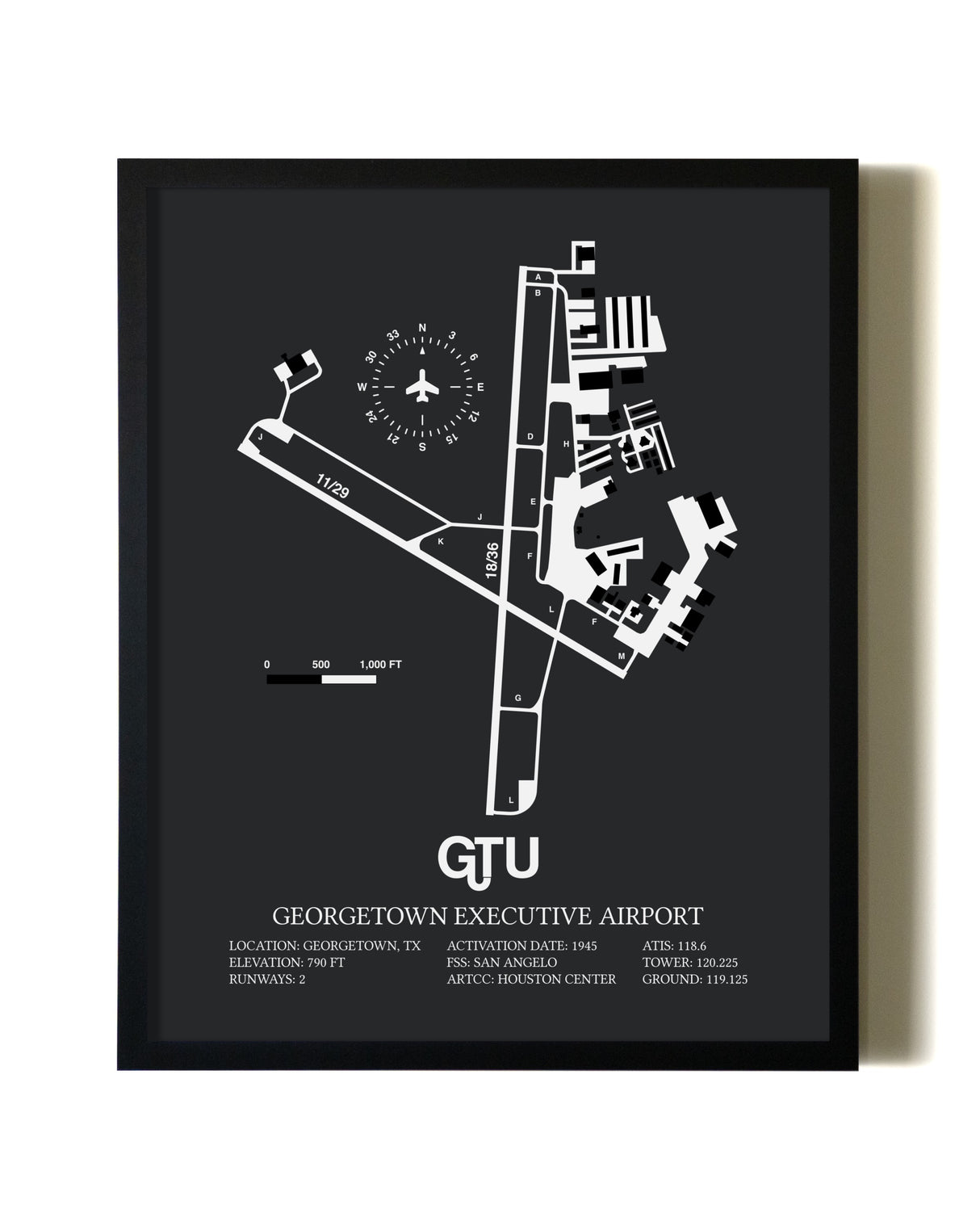 Unframed Georgetown Executive Airport At Johnny Gantt Field map print poster
