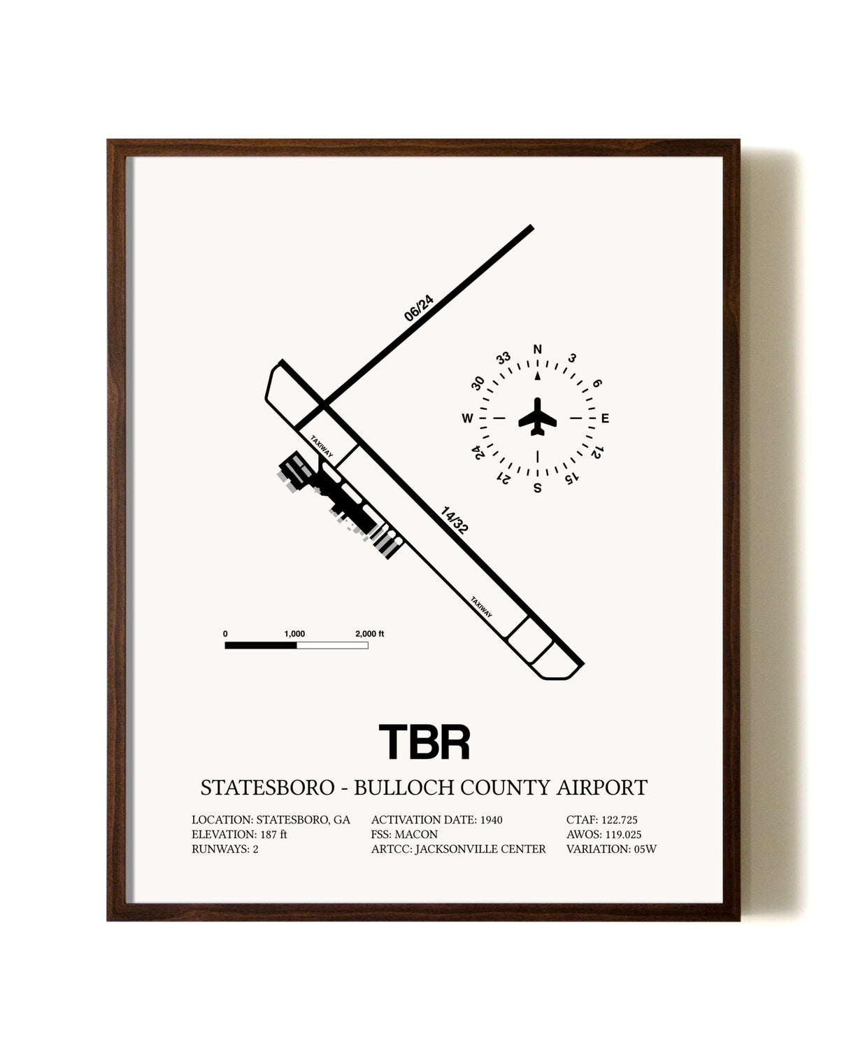Statesboro-Bulloch County Airport aviation print in walnut frame