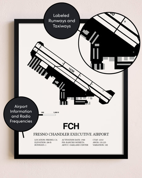 Framed Fresno Chandler Executive Airport layout wall art poster