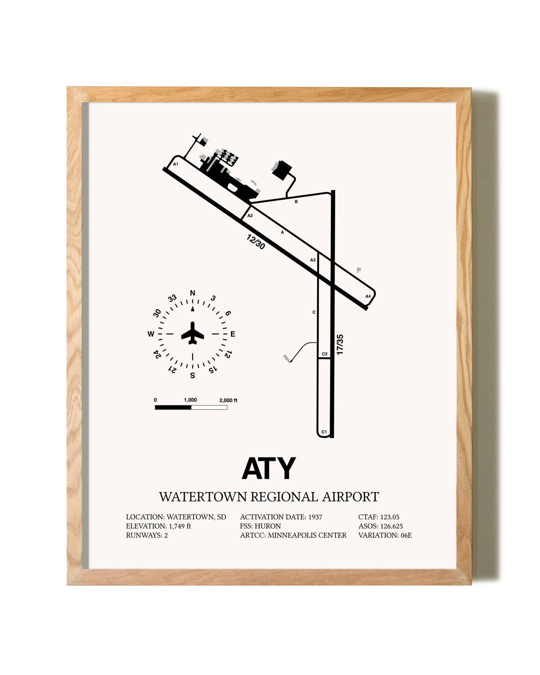 Watertown Regional Airport framed print in natural wood frame