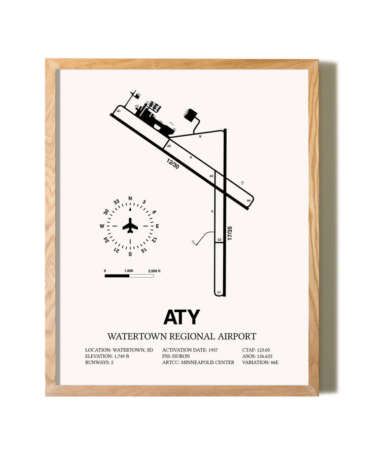 Watertown Regional Airport framed print in natural wood frame