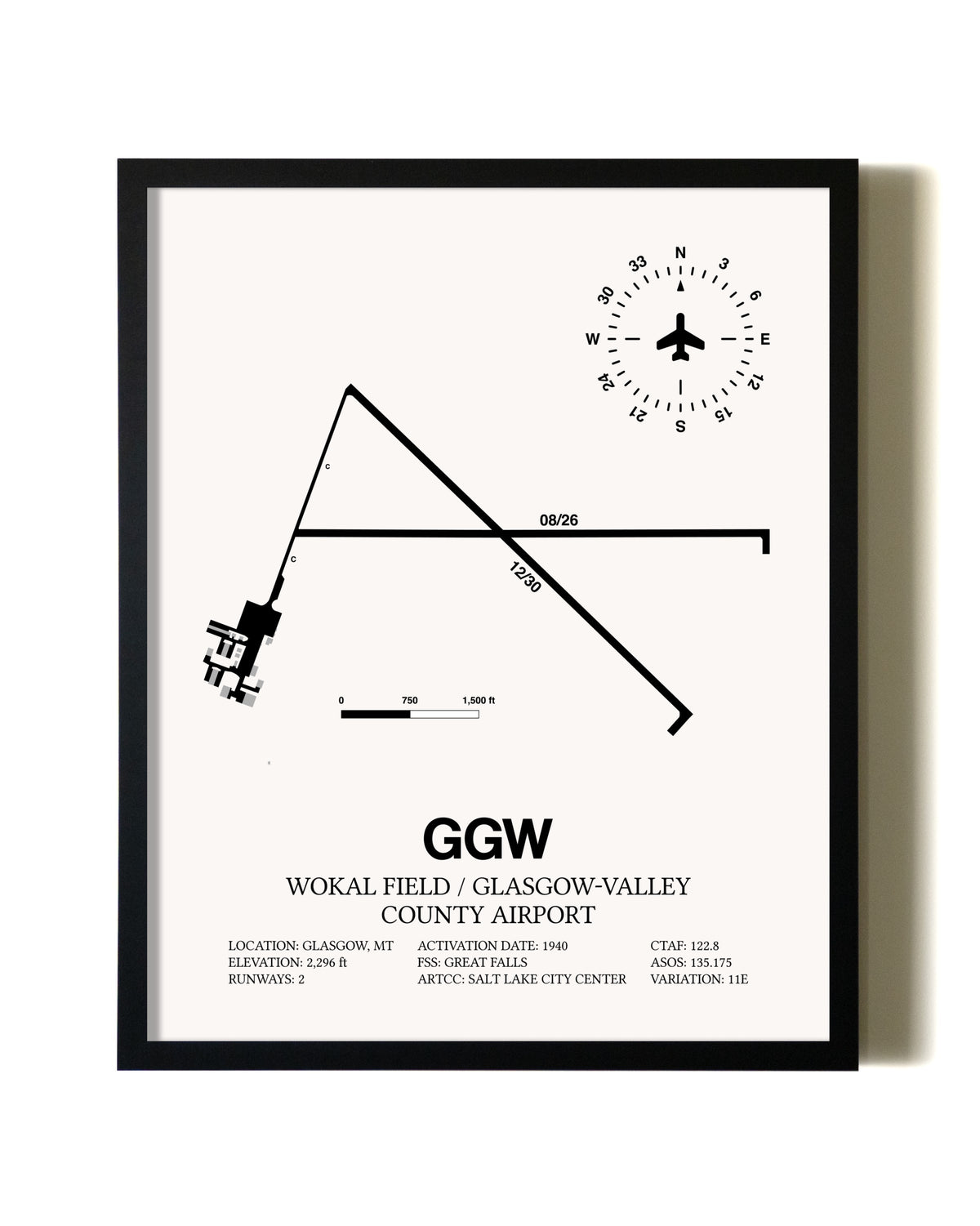 Framed Wokal Field / Glasgow-Valley County Airport wall art poster in black frame