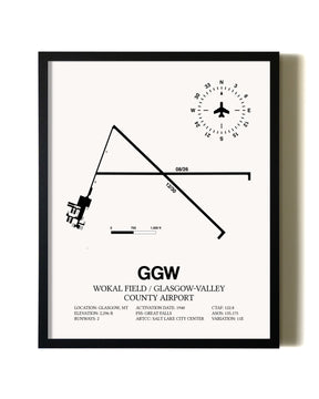 Framed Wokal Field / Glasgow-Valley County Airport wall art poster in black frame