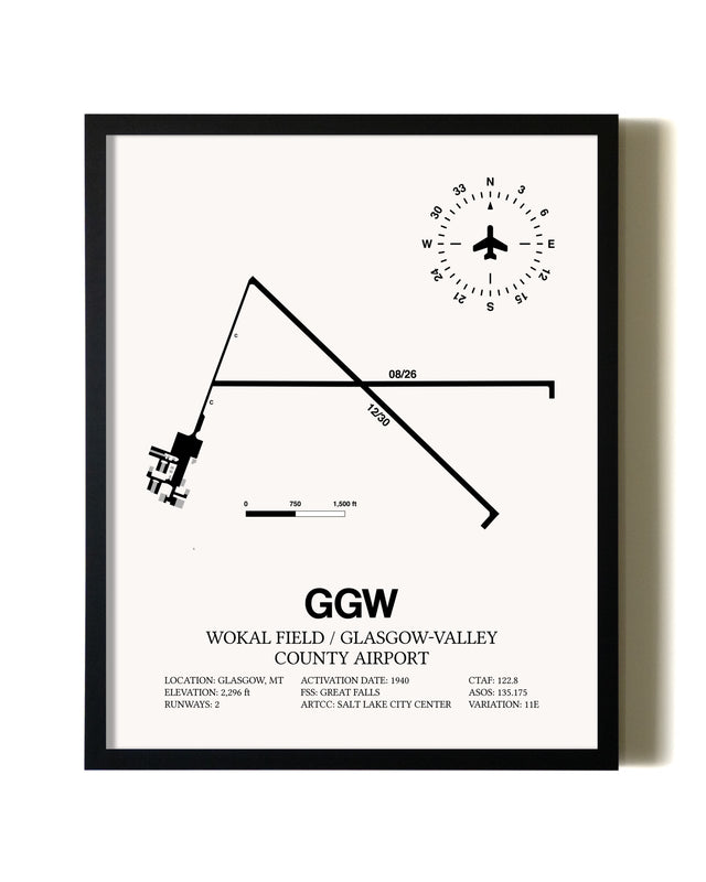 Framed Wokal Field / Glasgow-Valley County Airport wall art poster in black frame