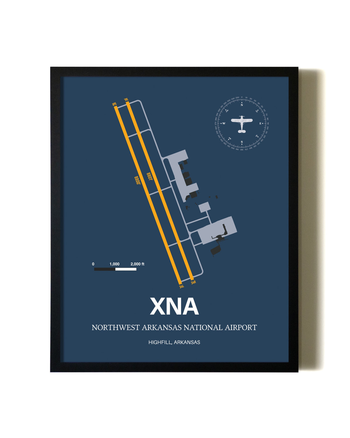 Blue and Yellow Framed Northwest Arkansas National Airport wall art poster in black frame